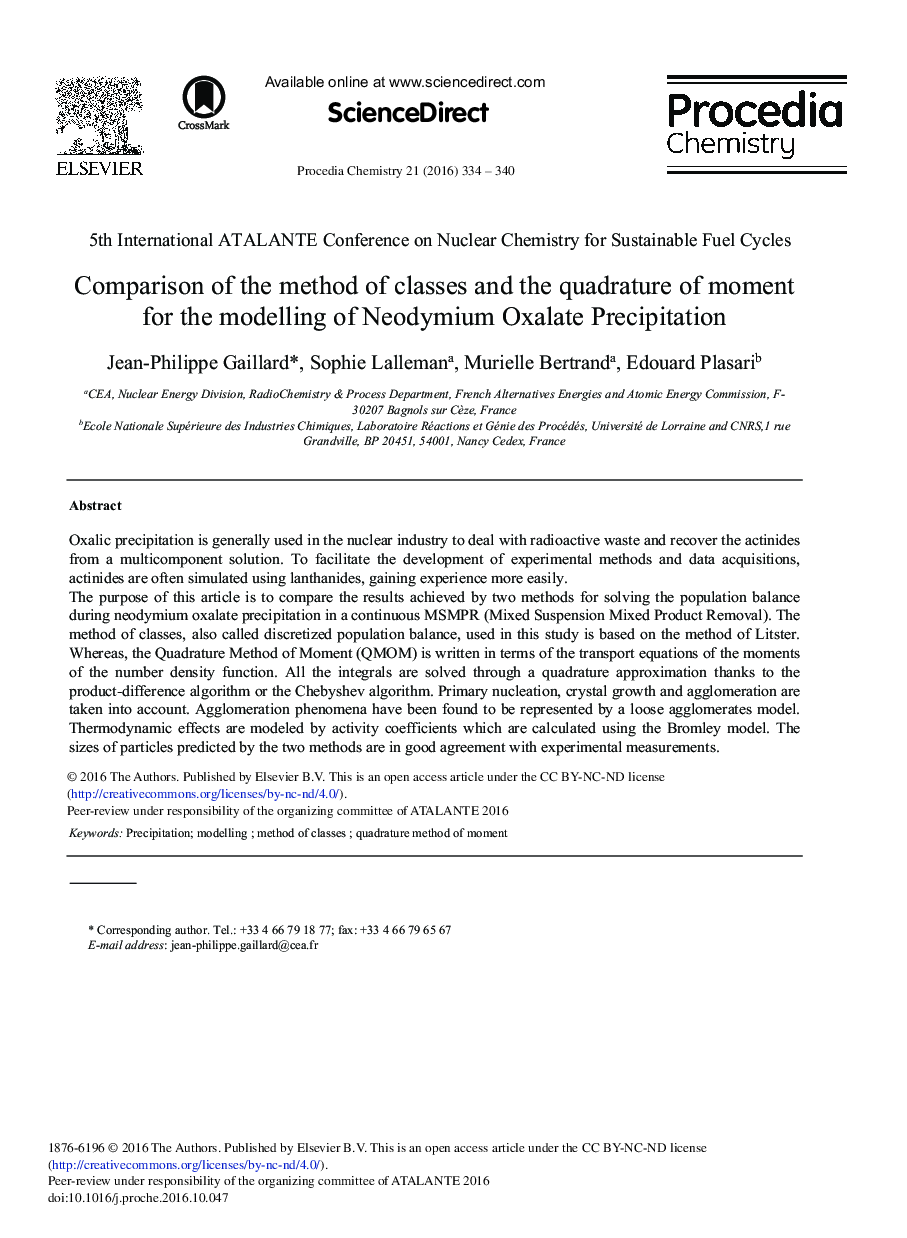 Comparison of the Method of Classes and the Quadrature of Moment for the Modelling of Neodymium Oxalate Precipitation