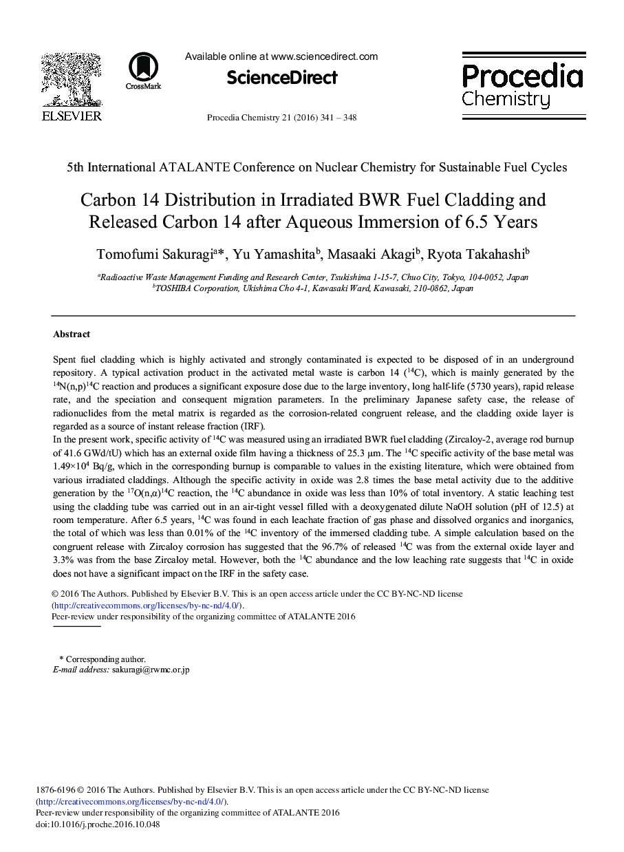 Carbon 14 Distribution in Irradiated BWR Fuel Cladding and Released Carbon 14 after Aqueous Immersion of 6.5 Years