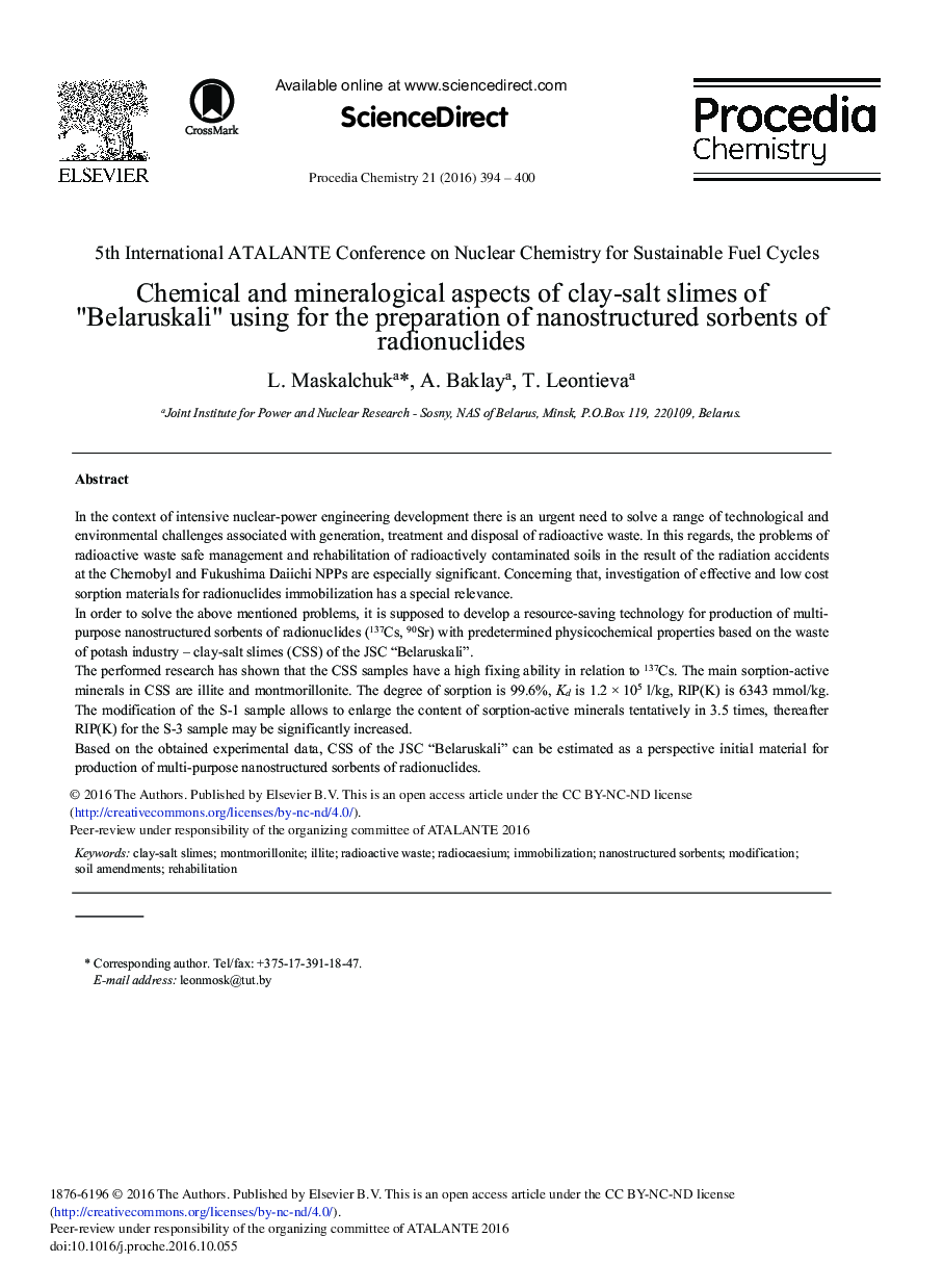 Chemical and Mineralogical Aspects of Clay-salt Slimes of “Belaruskali” Using for the Preparation of Nanostructured Sorbents of Radionuclides