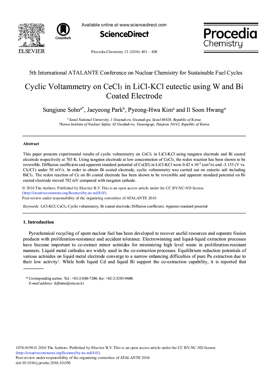 Cyclic Voltammetry on CeCl3 in LiCl-KCl Eutectic Using W and Bi Coated Electrode