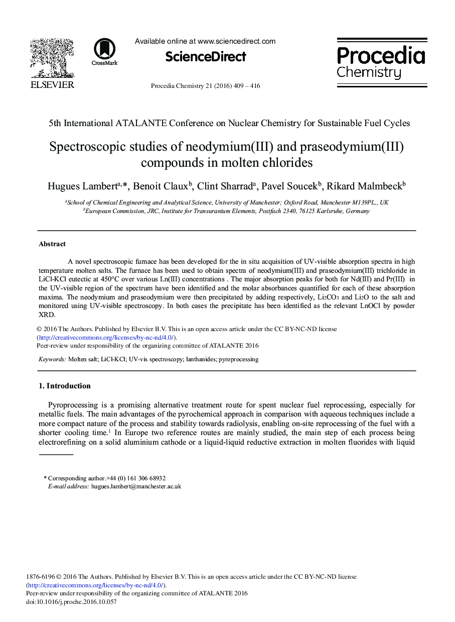 Spectroscopic Studies of Neodymium(III) and Praseodymium(III) Compounds in Molten Chlorides