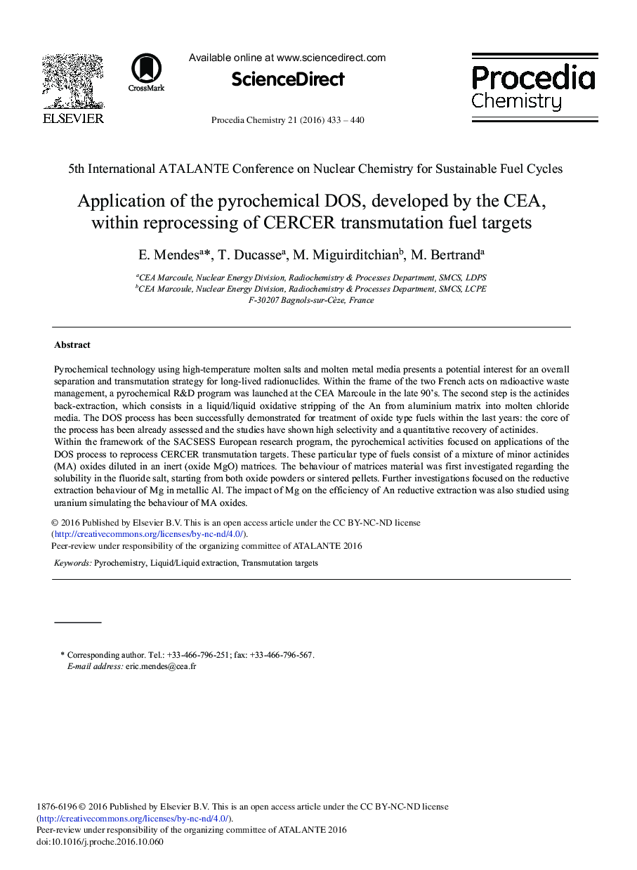 Application of the Pyrochemical DOS, Developed by the CEA, within Reprocessing of CERCER Transmutation Fuel Targets