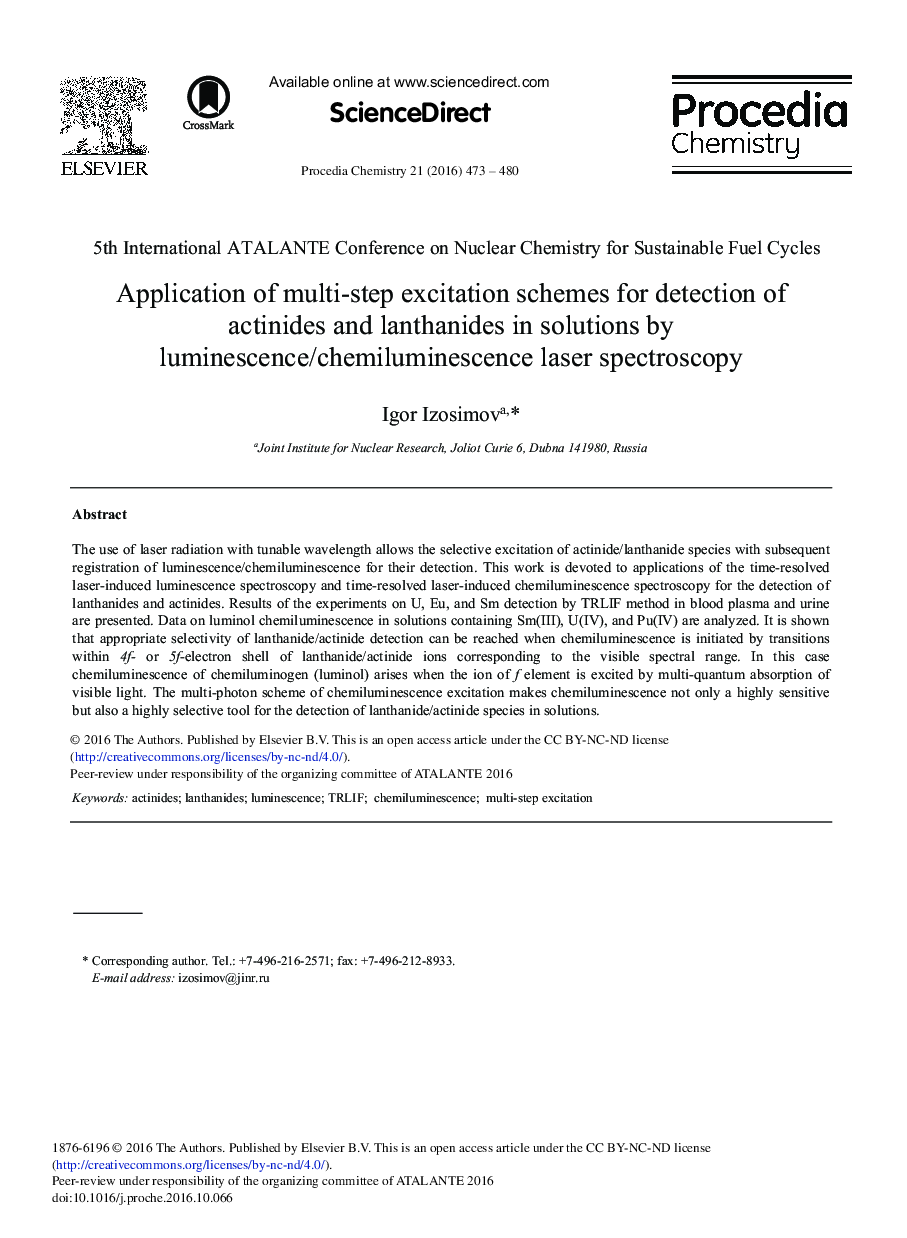 Application of Multi-step Excitation Schemes for Detection of Actinides and Lanthanides in Solutions by Luminescence/Chemiluminescence Laser Spectroscopy