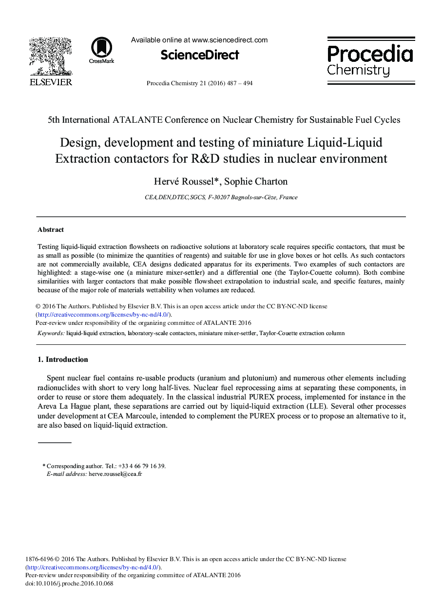 Design, Development and Testing of Miniature Liquid-liquid Extraction Contactors for R&D Studies in Nuclear Environment
