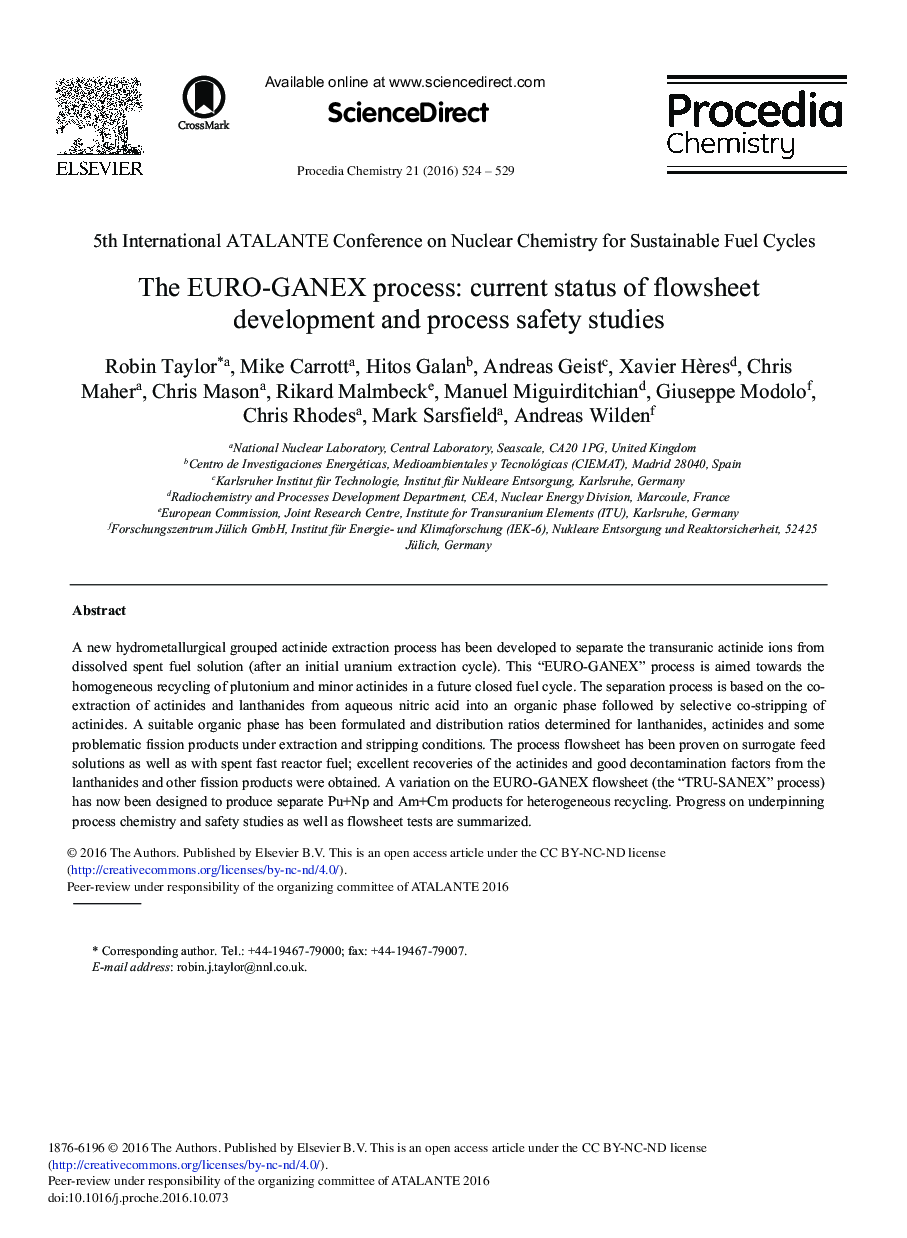 The EURO-GANEX Process: Current Status of Flowsheet Development and Process Safety Studies