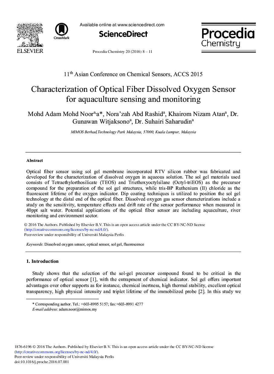 Characterization of Optical Fiber Dissolved Oxygen Sensor for Aquaculture Sensing and Monitoring