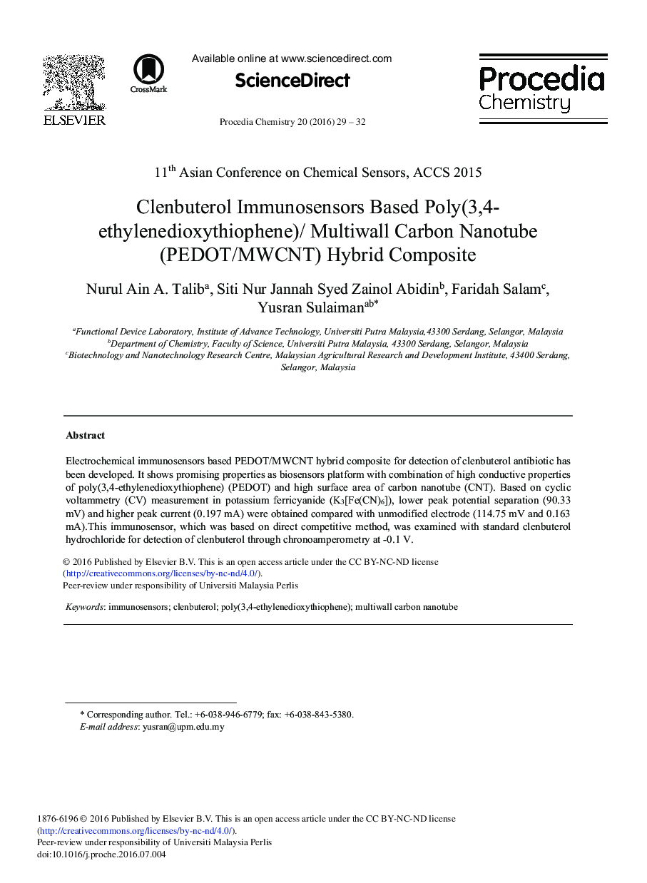 Clenbuterol Immunosensors Based Poly(3,4-Ethylenedioxythiophene)/ Multiwall Carbon Nanotube (PEDOT/MWCNT) Hybrid Composite