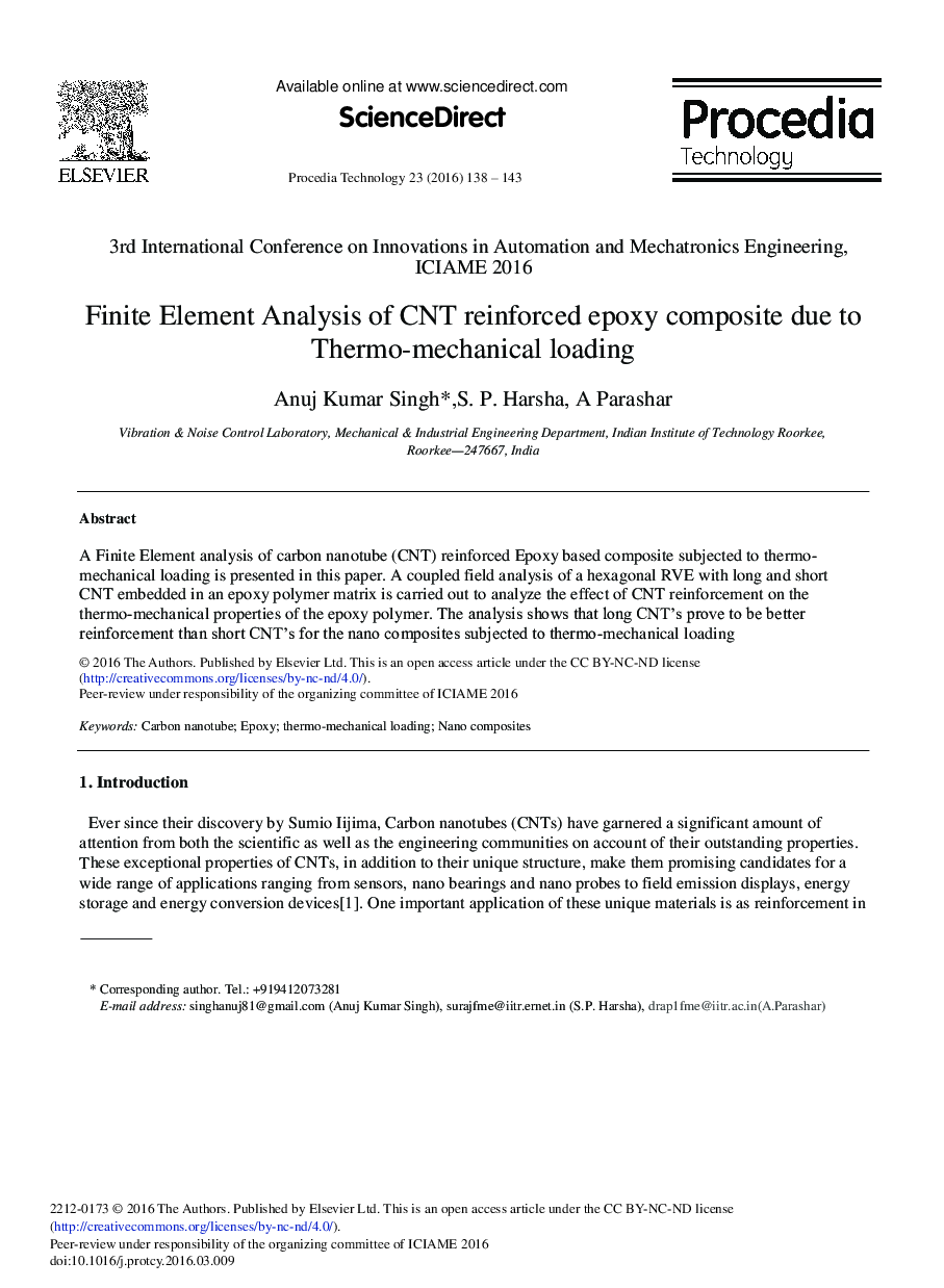 Finite Element Analysis of CNT Reinforced Epoxy Composite Due to Thermo-mechanical Loading 