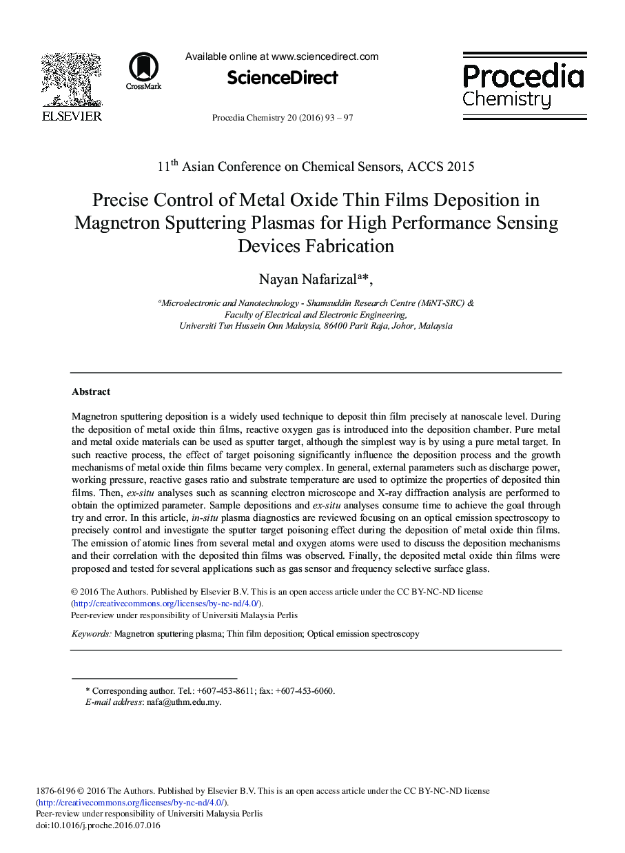 Precise Control of Metal Oxide Thin Films Deposition in Magnetron Sputtering Plasmas for High Performance Sensing Devices Fabrication