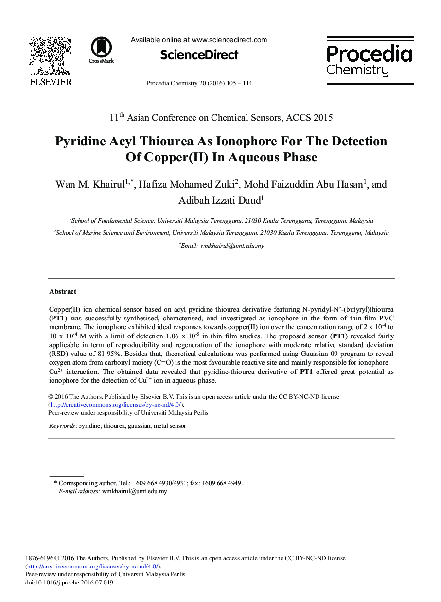 Pyridine Acyl Thiourea as Ionophore for the Detection of Copper(II) in Aqueous Phase