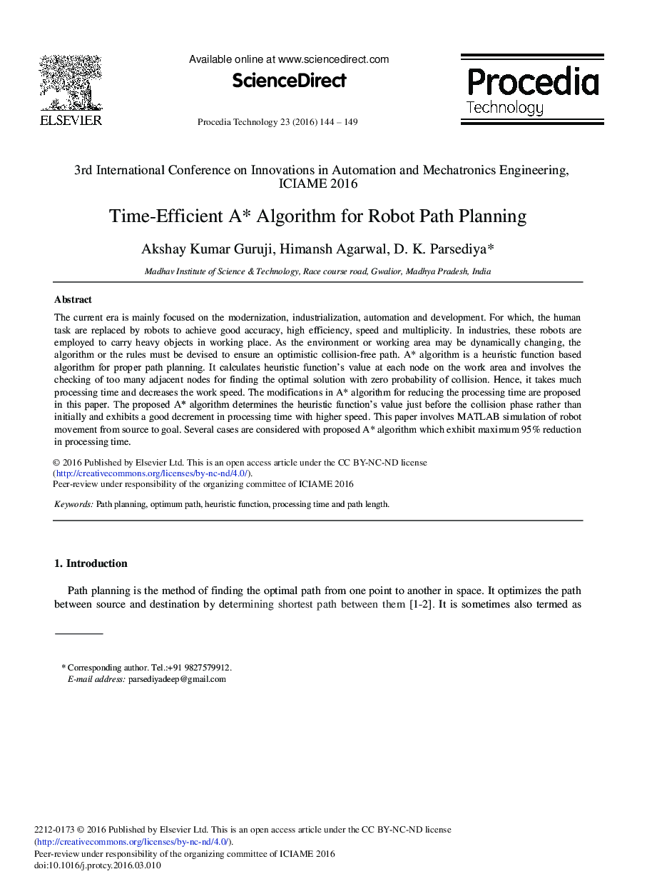 Time-efficient A* Algorithm for Robot Path Planning 