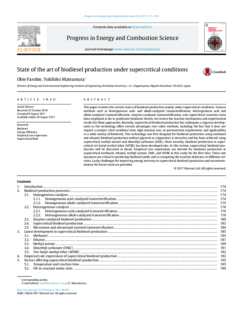 State of the art of biodiesel production under supercritical conditions