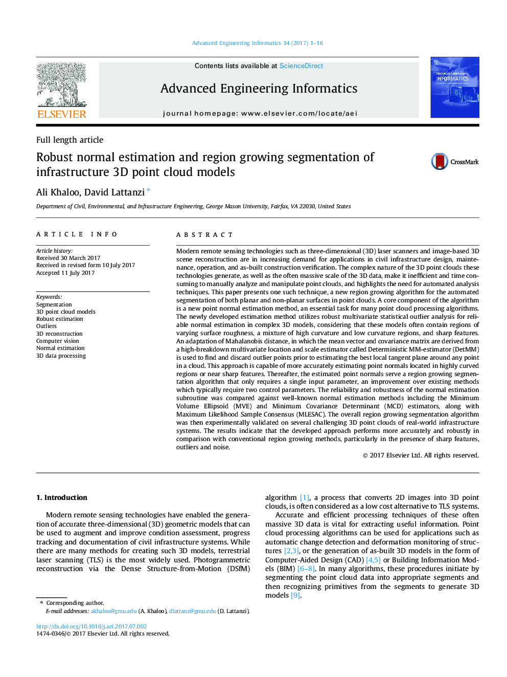 Robust normal estimation and region growing segmentation of infrastructure 3D point cloud models