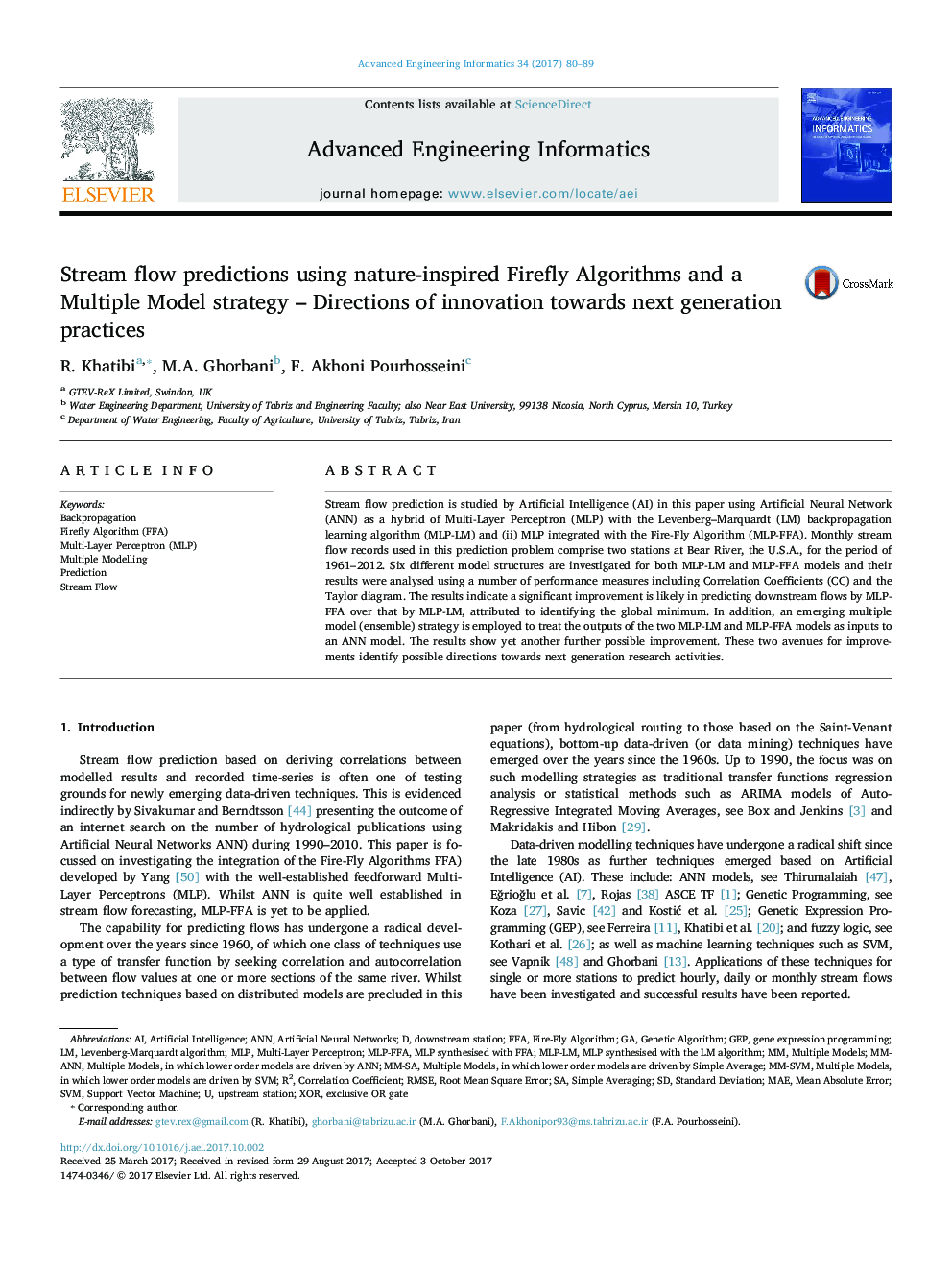 Stream flow predictions using nature-inspired Firefly Algorithms and a Multiple Model strategy - Directions of innovation towards next generation practices