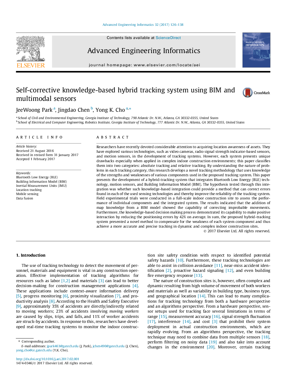 Self-corrective knowledge-based hybrid tracking system using BIM and multimodal sensors