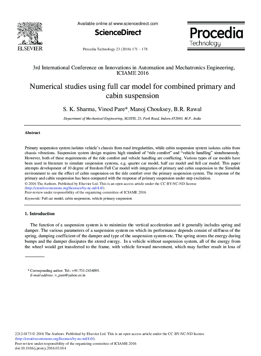 عکس صفحه اول مقاله: Numerical Studies Using Full Car Model for Combined Primary and Cabin Suspension Numerical Studies Using Full Car Model for Combined Primary and Cabin Suspension