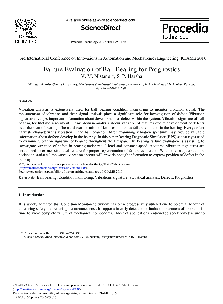 Failure Evaluation of Ball Bearing for Prognostics 