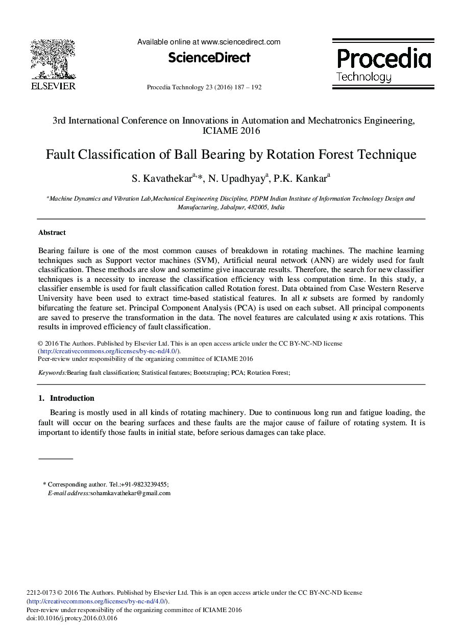 Fault Classification of Ball Bearing by Rotation Forest Technique 