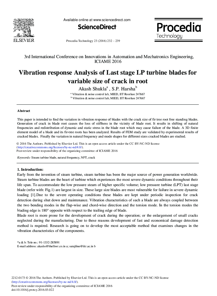 Vibration Response Analysis of Last Stage LP Turbine Blades for Variable Size of Crack in Root 