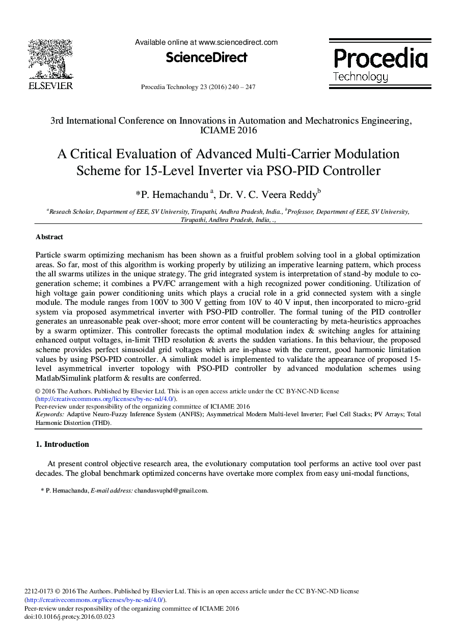 A Critical Evaluation of Advanced Multi-Carrier Modulation Scheme for 15-Level Inverter via PSO-PID Controller