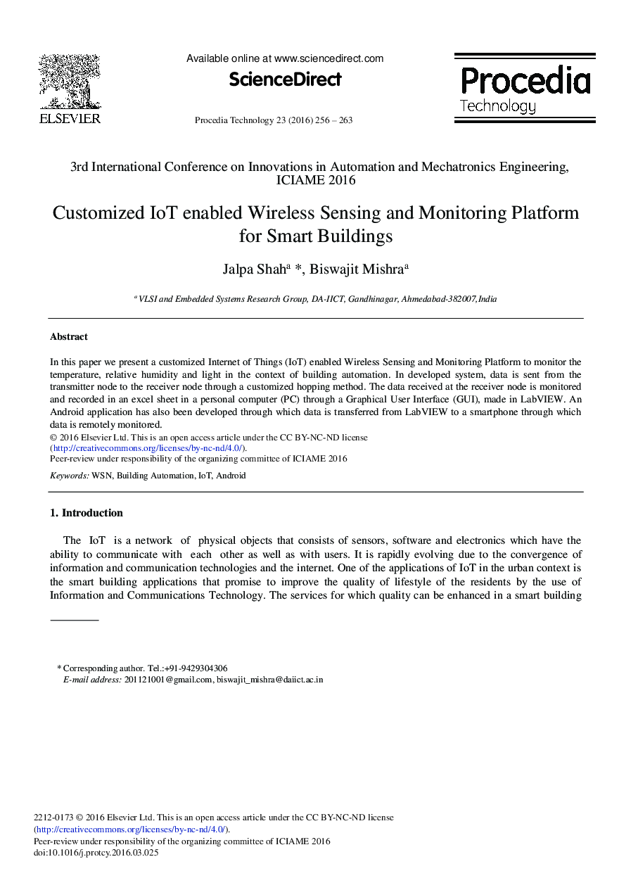 Customized IoT Enabled Wireless Sensing and Monitoring Platform for Smart Buildings 