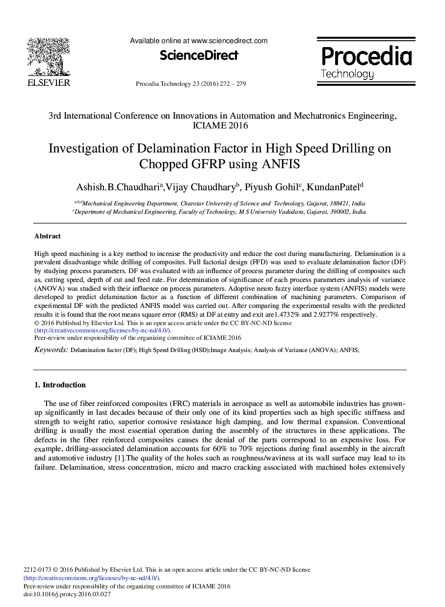 Investigation of Delamination Factor in High Speed Drilling on Chopped GFRP Using ANFIS 