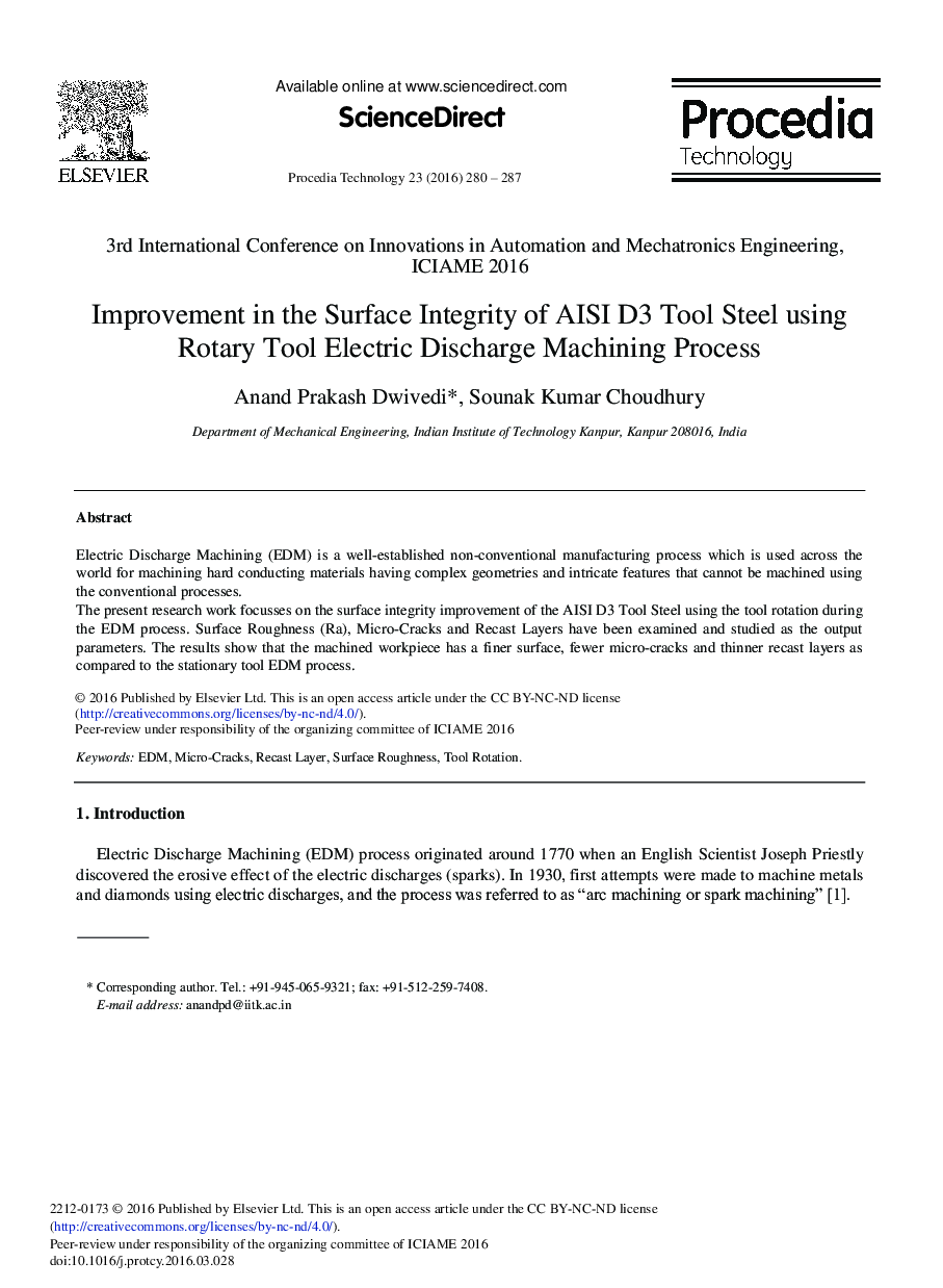 Improvement in the Surface Integrity of AISI D3 Tool Steel Using Rotary Tool Electric Discharge Machining Process 