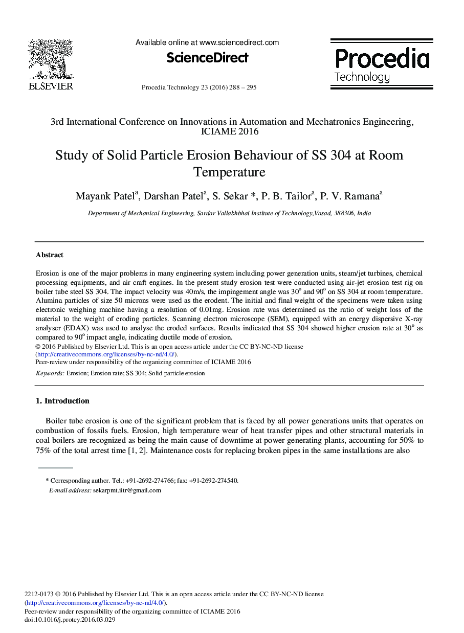 Study of Solid Particle Erosion Behaviour of SS 304 at Room Temperature 