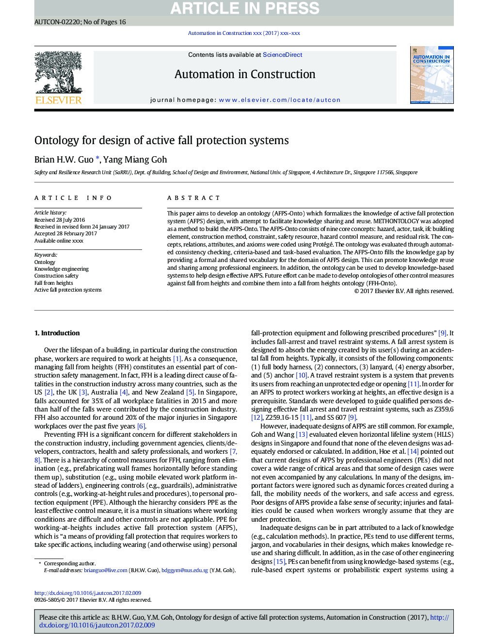 Ontology for design of active fall protection systems