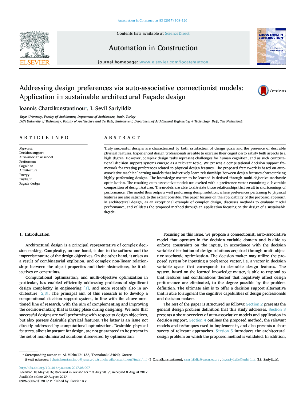 Addressing design preferences via auto-associative connectionist models: Application in sustainable architectural Façade design