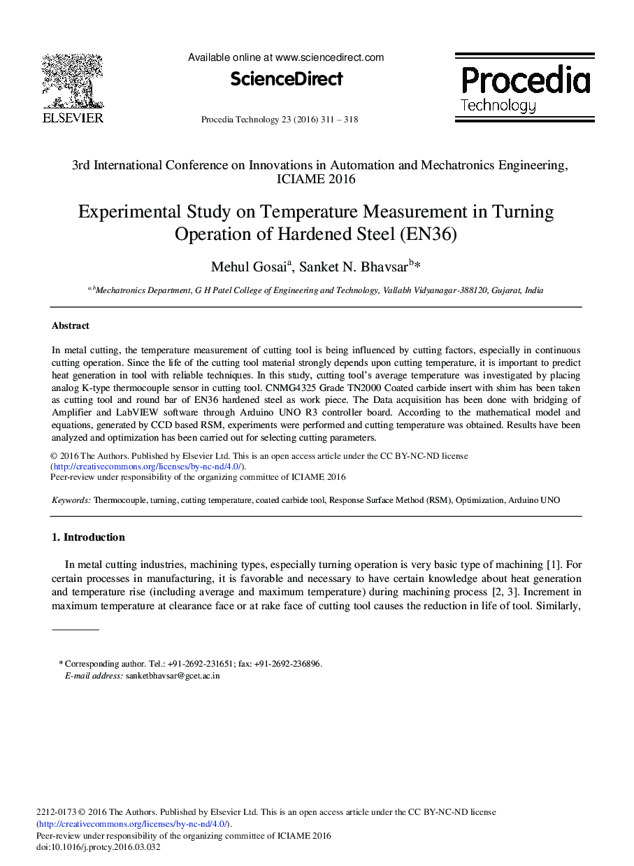 عکس صفحه اول مقاله: Experimental Study on Temperature Measurement in Turning Operation of Hardened Steel (EN36) Experimental Study on Temperature Measurement in Turning Operation of Hardened Steel (EN36)