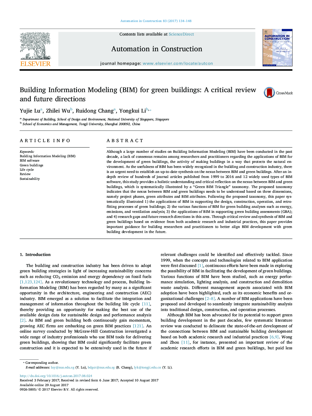 Building Information Modeling (BIM) for green buildings: A critical review and future directions