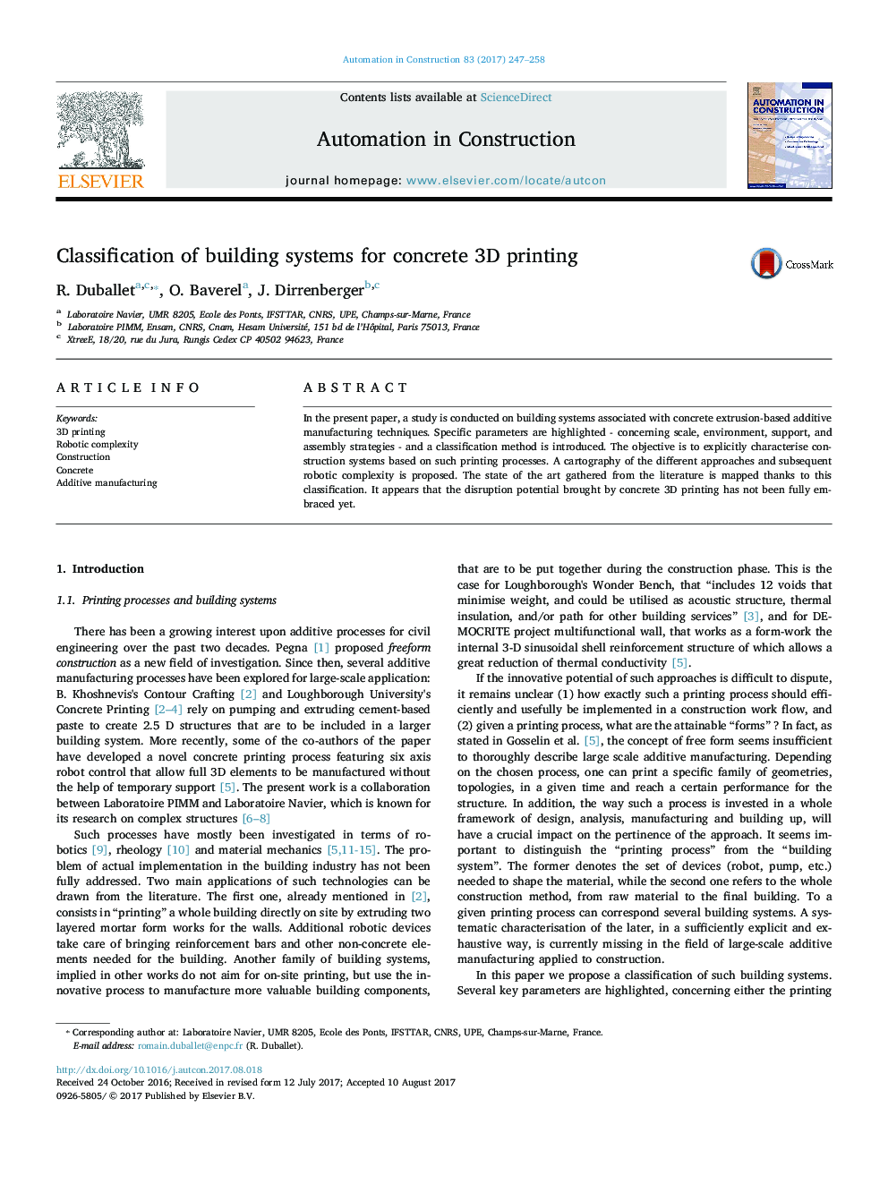 Classification of building systems for concrete 3D printing