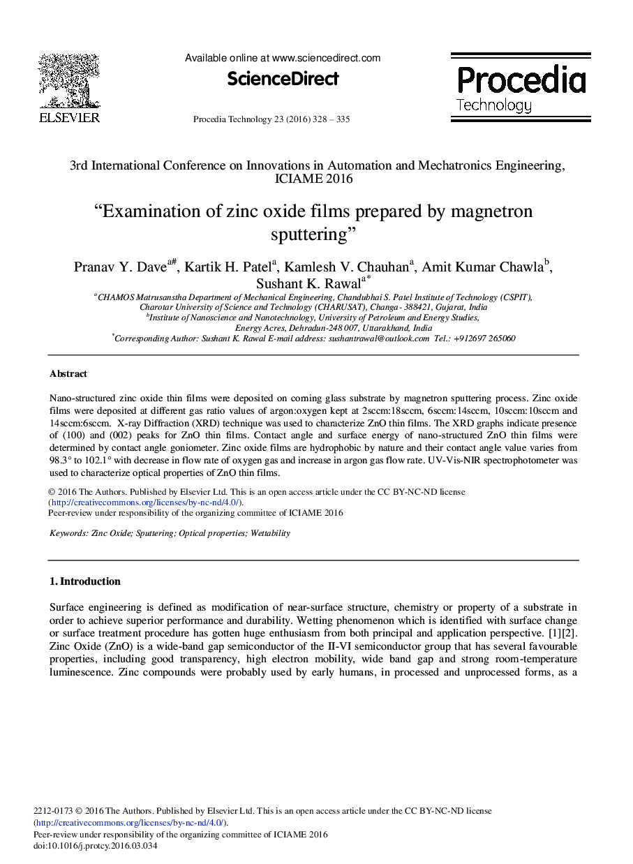 عکس صفحه اول مقاله: Examination of Zinc Oxide Films Prepared by Magnetron Sputtering Examination of Zinc Oxide Films Prepared by Magnetron Sputtering