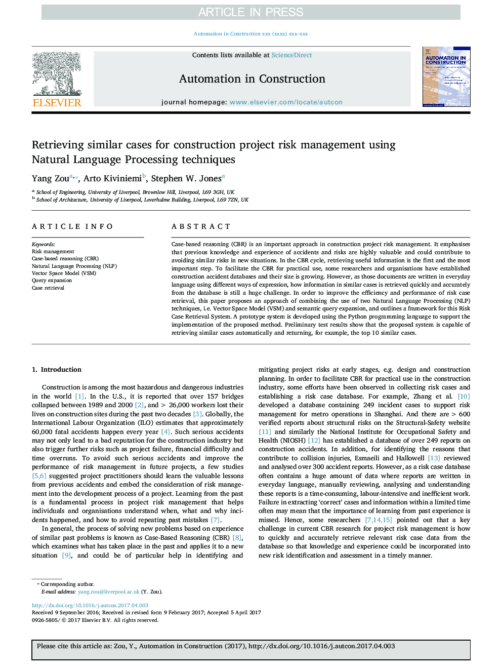 Retrieving similar cases for construction project risk management using Natural Language Processing techniques