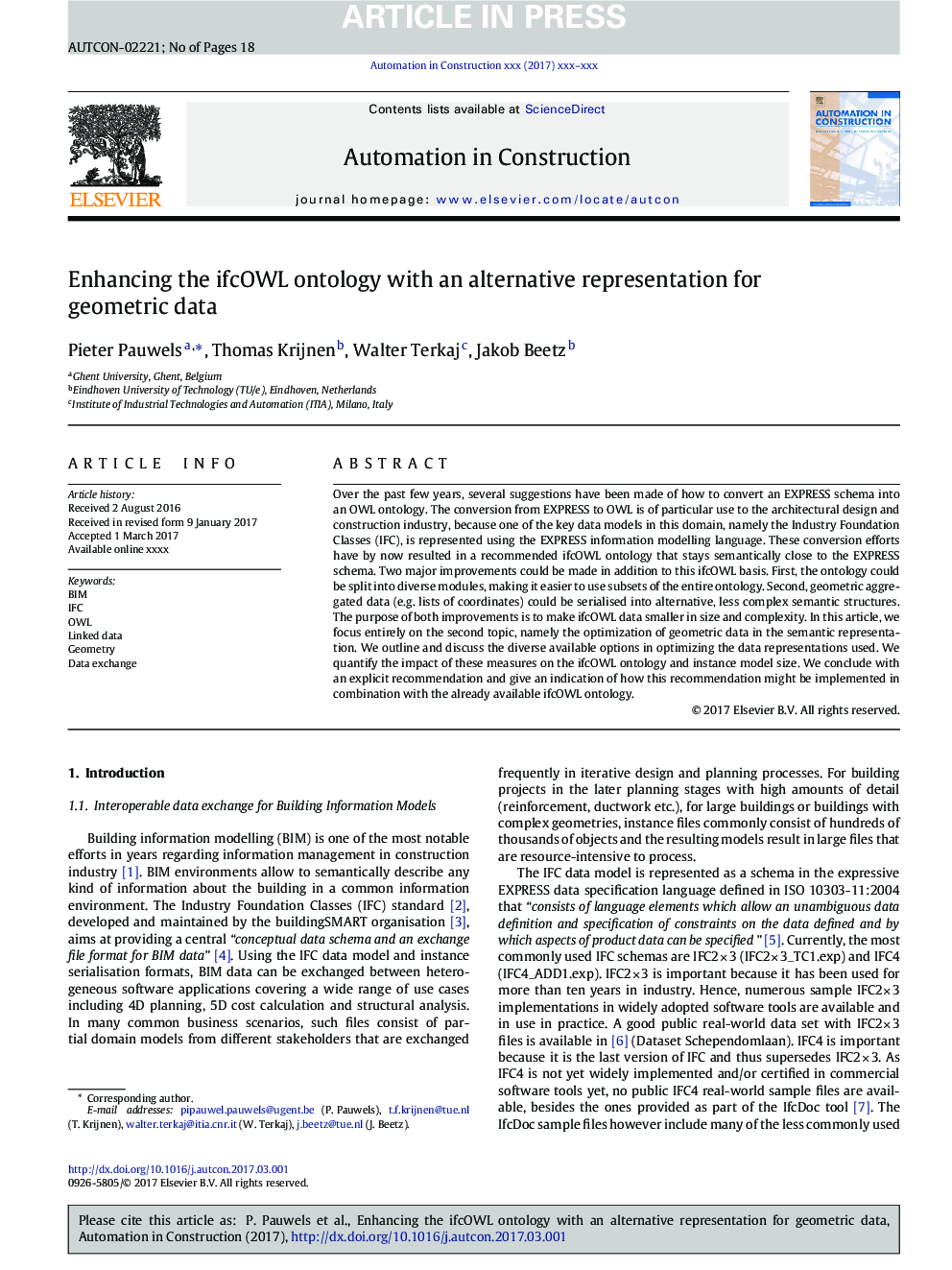 Enhancing the ifcOWL ontology with an alternative representation for geometric data