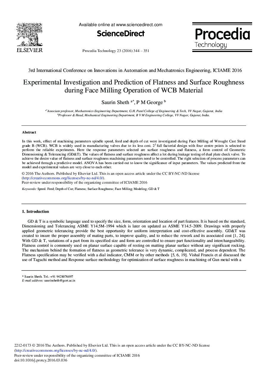 Experimental Investigation and Prediction of Flatness and Surface Roughness During Face Milling Operation of WCB Material 