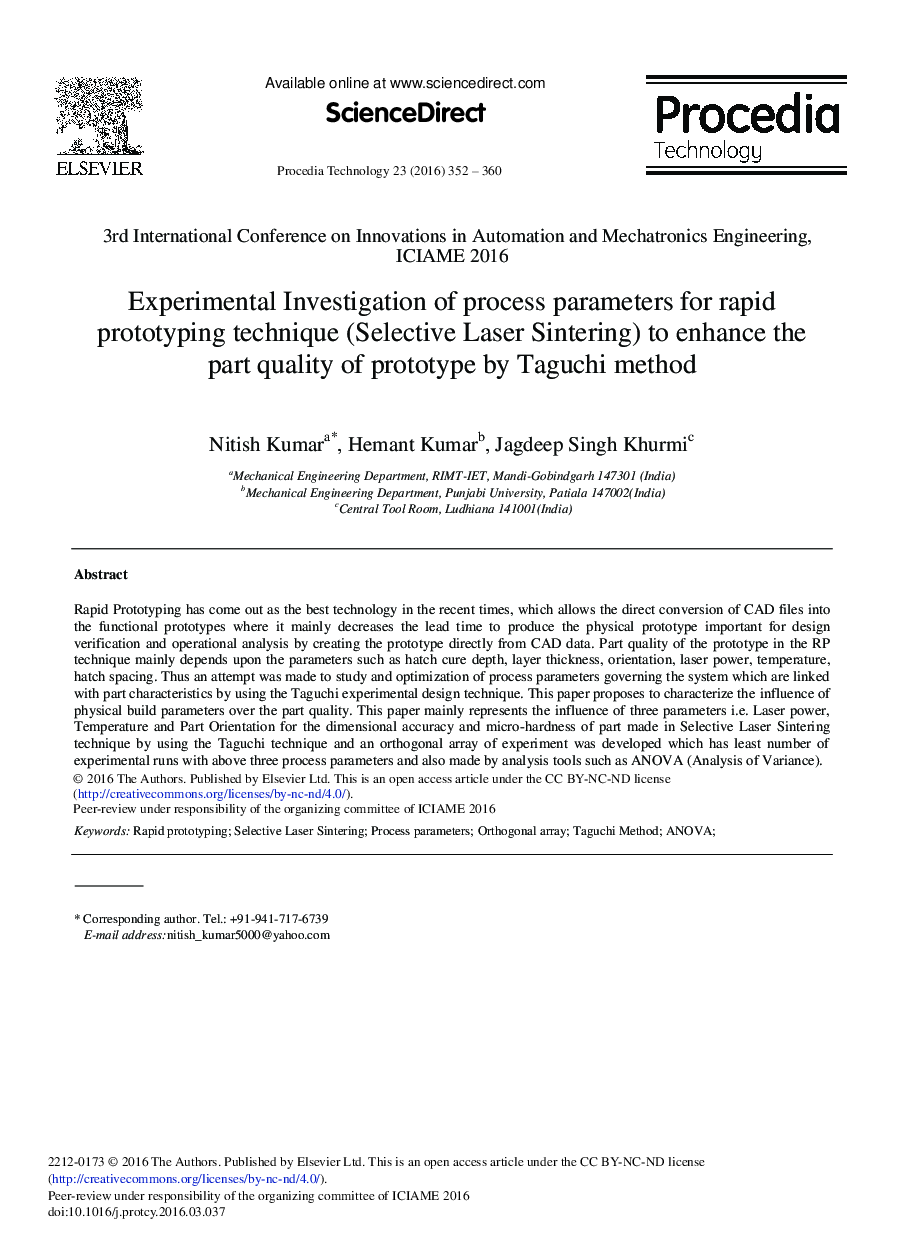 Experimental Investigation of Process Parameters for Rapid Prototyping Technique (Selective Laser Sintering) to Enhance the Part Quality of Prototype by Taguchi Method 
