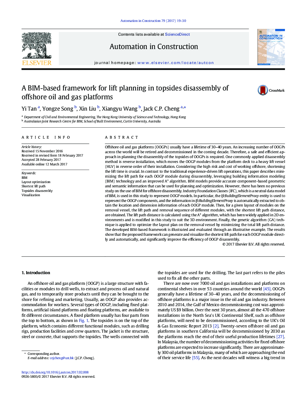 A BIM-based framework for lift planning in topsides disassembly of offshore oil and gas platforms