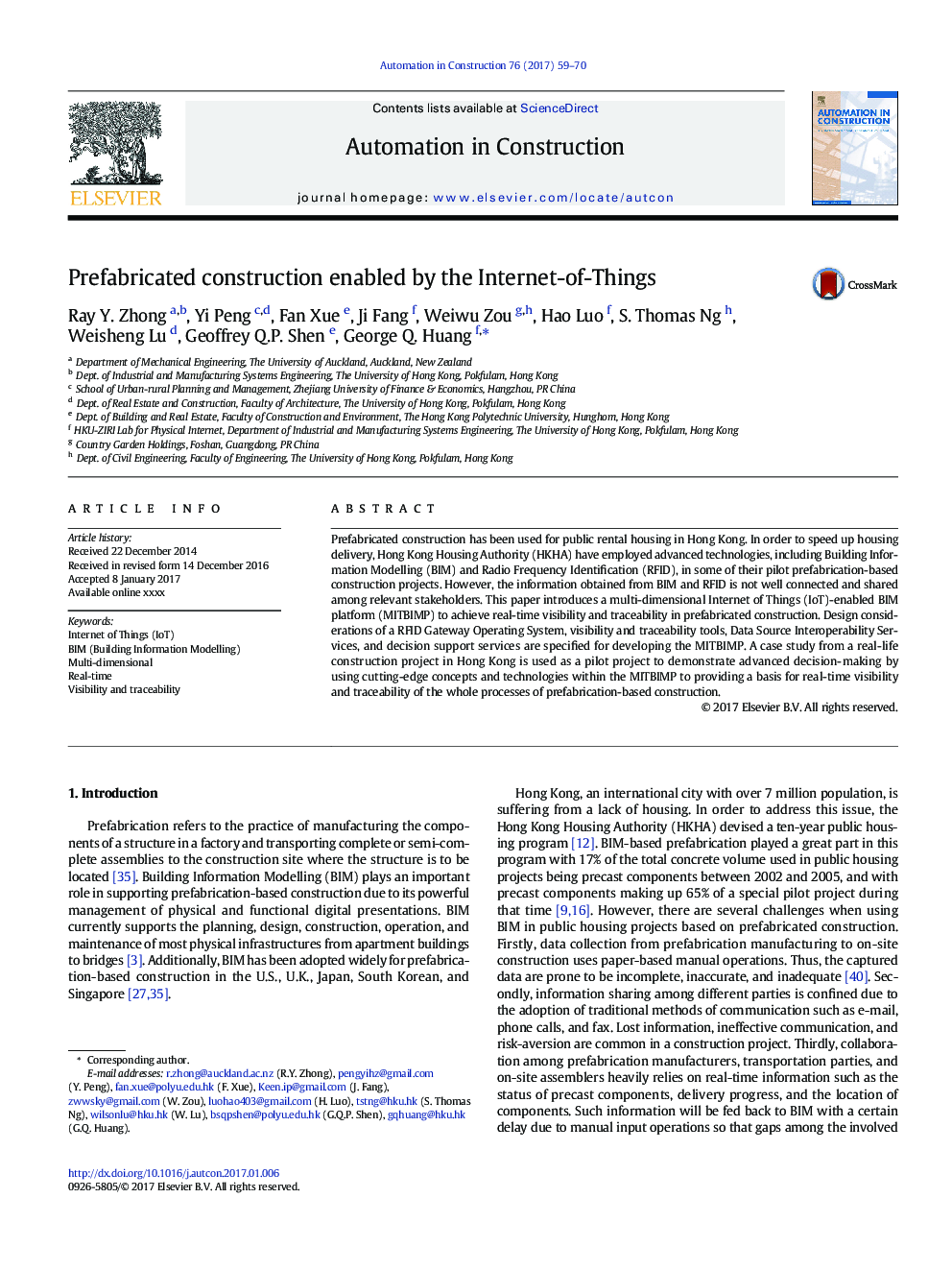 Prefabricated construction enabled by the Internet-of-Things