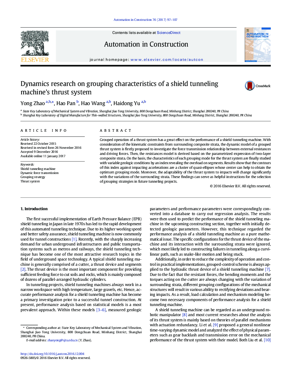 Dynamics research on grouping characteristics of a shield tunneling machine's thrust system