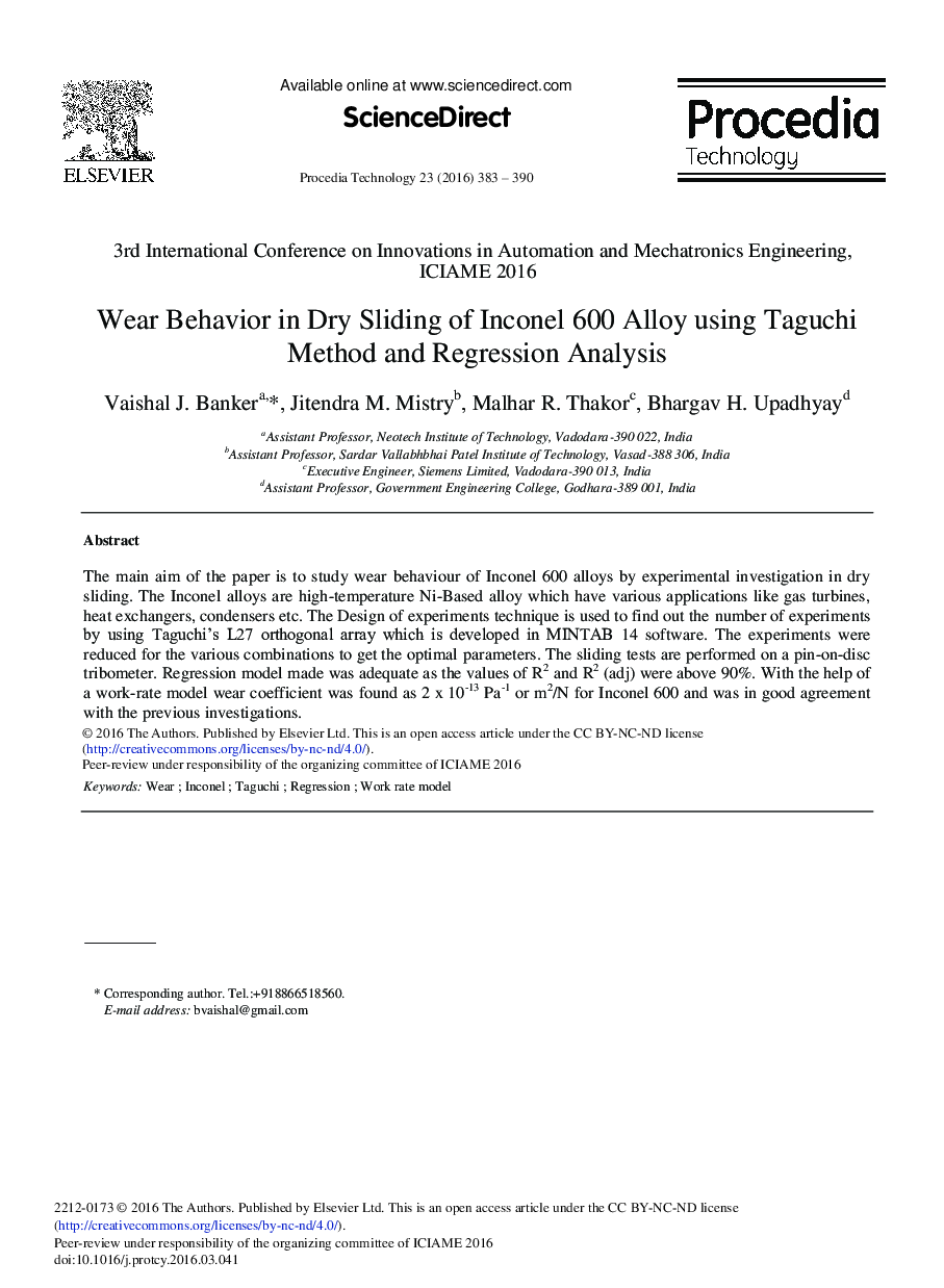 Wear Behavior in Dry Sliding of Inconel 600 Alloy Using Taguchi Method and Regression Analysis 