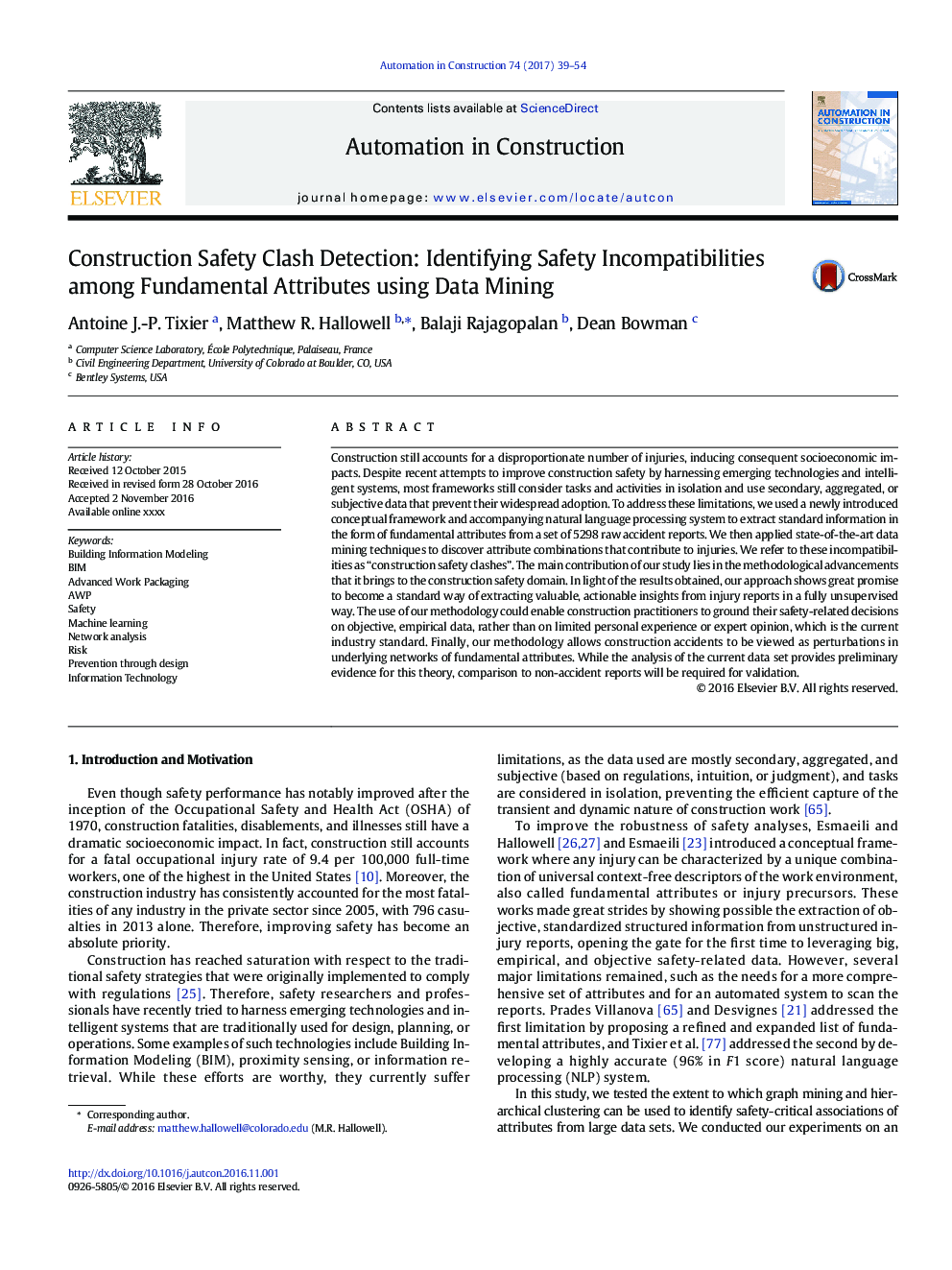 Construction Safety Clash Detection: Identifying Safety Incompatibilities among Fundamental Attributes using Data Mining