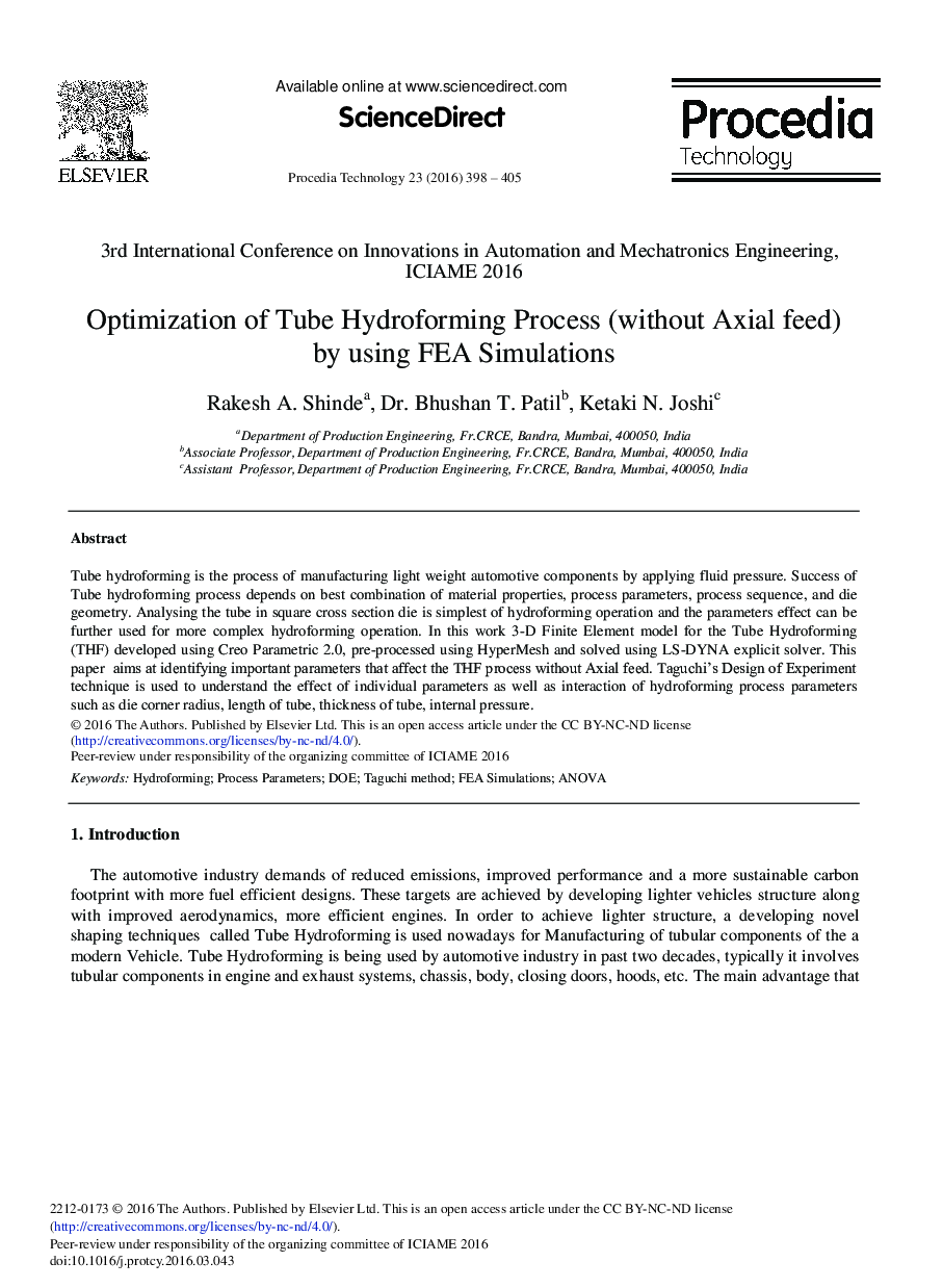 Optimization of Tube Hydroforming Process (without Axial Feed) by Using FEA Simulations 