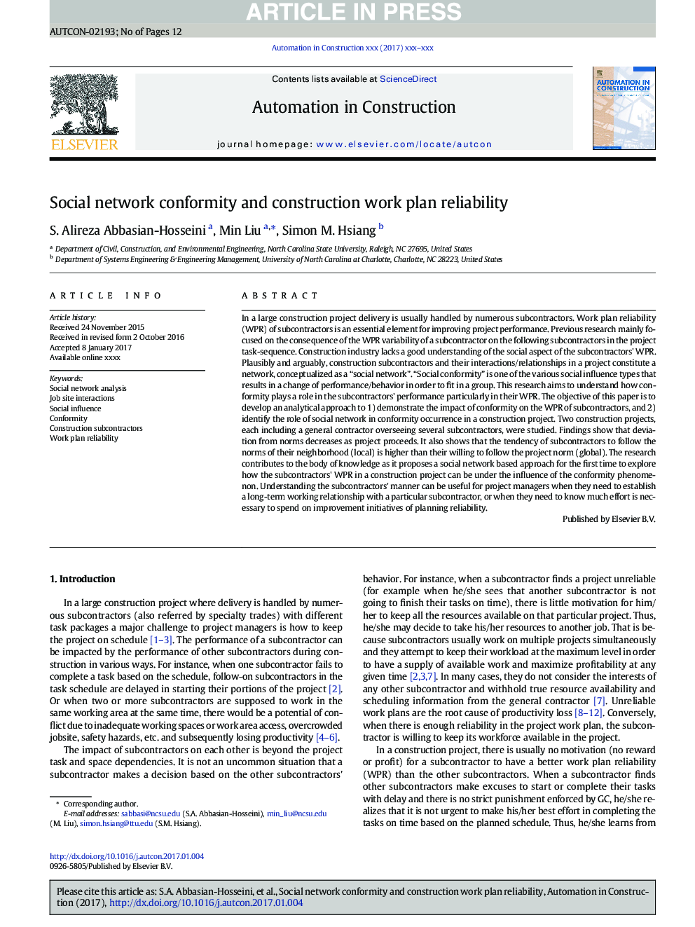 Social network conformity and construction work plan reliability