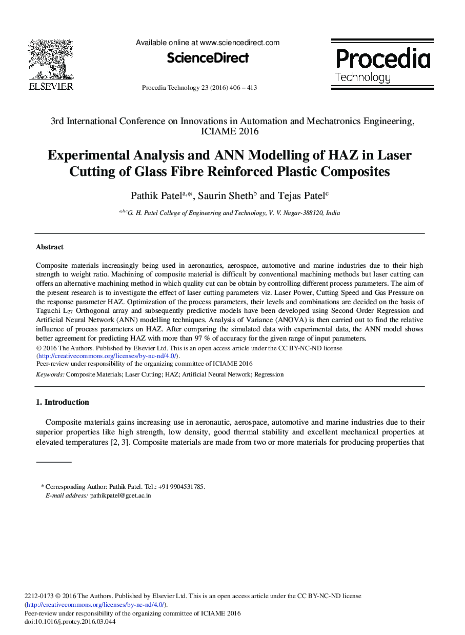 Experimental Analysis and ANN Modelling of HAZ in Laser Cutting of Glass Fibre Reinforced Plastic Composites 