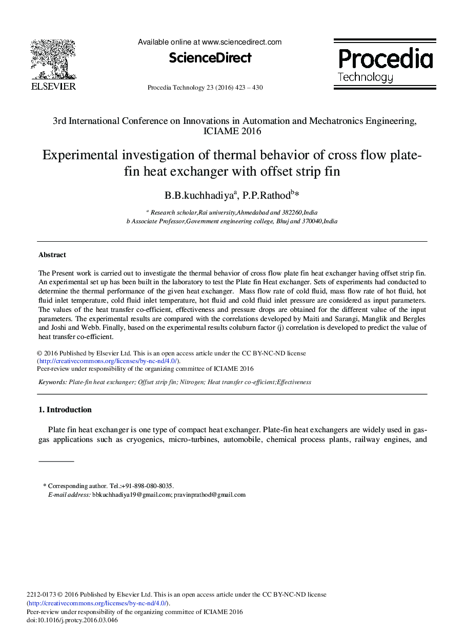 Experimental Investigation of Thermal Behavior of Cross Flow Plate-fin Heat Exchanger with Offset Strip Fin 