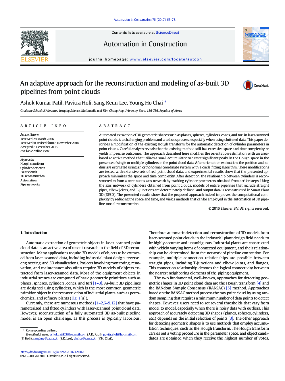 An adaptive approach for the reconstruction and modeling of as-built 3D pipelines from point clouds