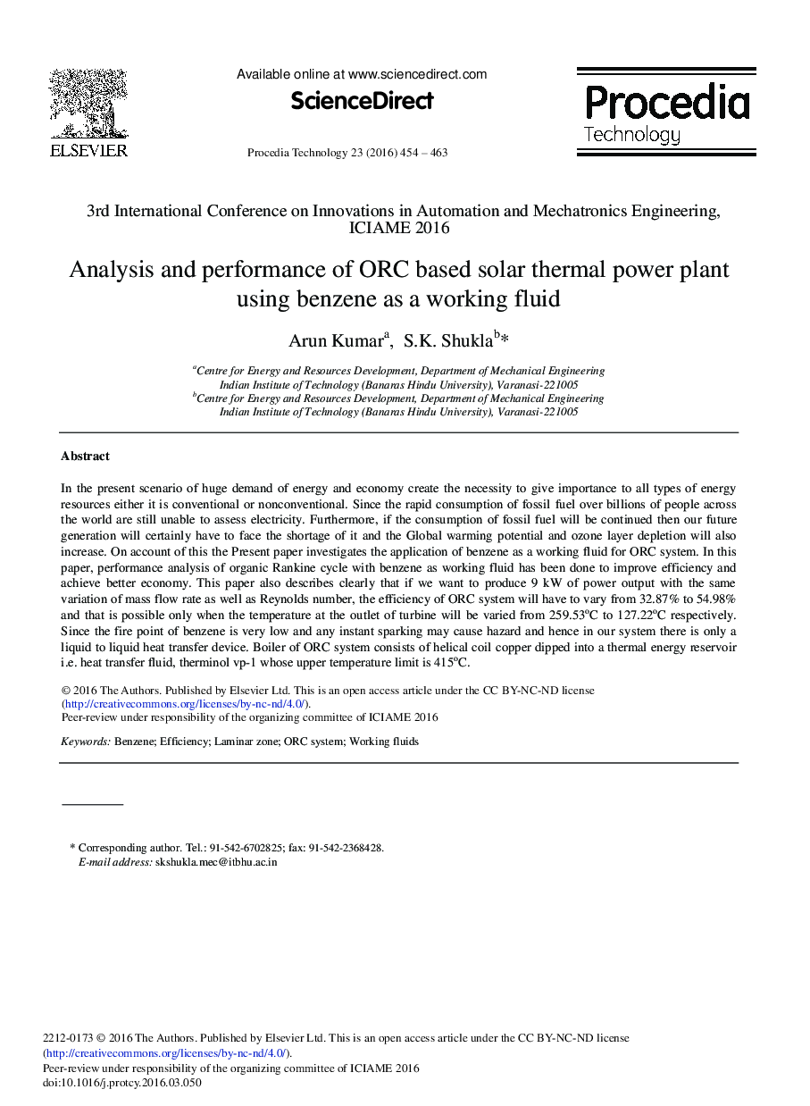 Analysis and Performance of ORC Based Solar Thermal Power Plant Using Benzene as a Working Fluid 