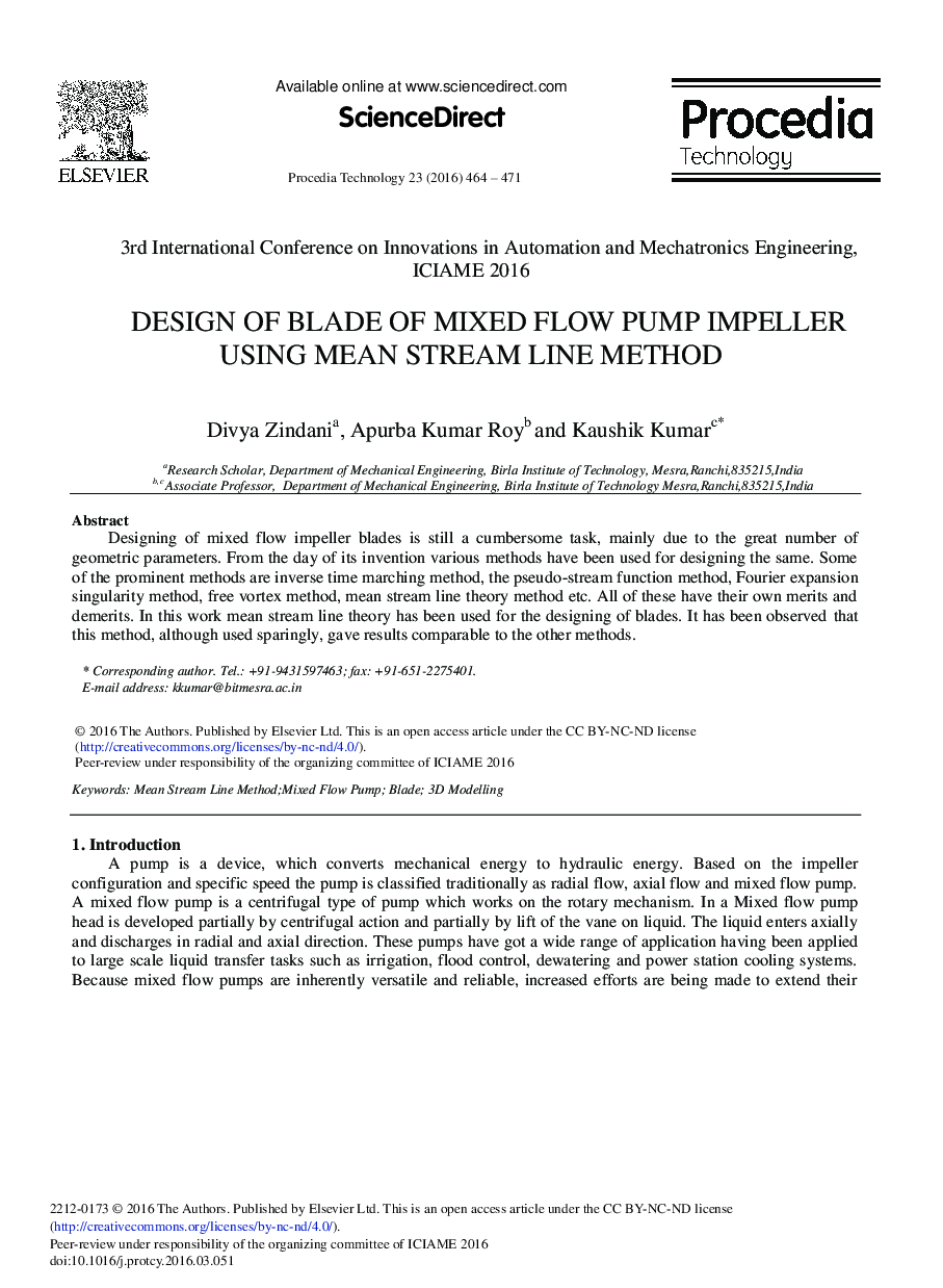 Design of Blade of Mixed Flow Pump Impeller Using Mean Stream Line Method 